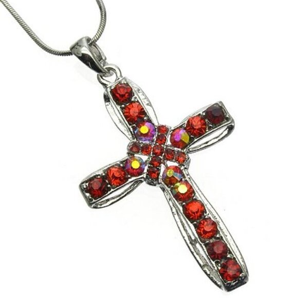 Beauty for Ashes Jewelry - Womens Girls Red Aurora Borealis Crystal Rainbow Multicolor Cross Chain Necklace